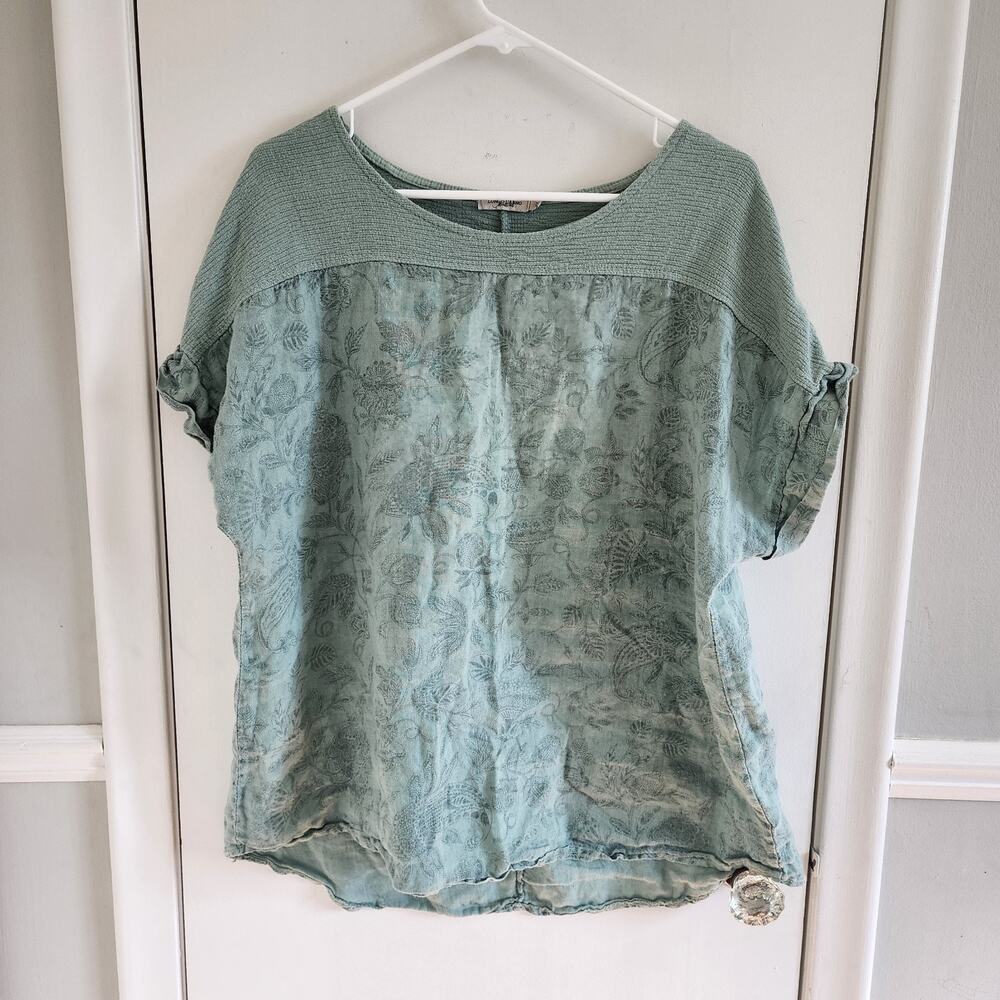 Lungo L’arno Italy Linen 1X Top Short Sleeve Green Round Neck Shirt